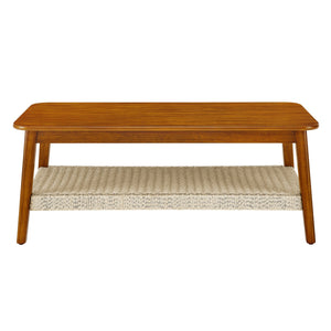 English Elm 47.25" Mid-Century Coffee Table with Woven Rattan Shelf, Wood Grain MDF Top & Solid Rubberwood Legs W1801P195652