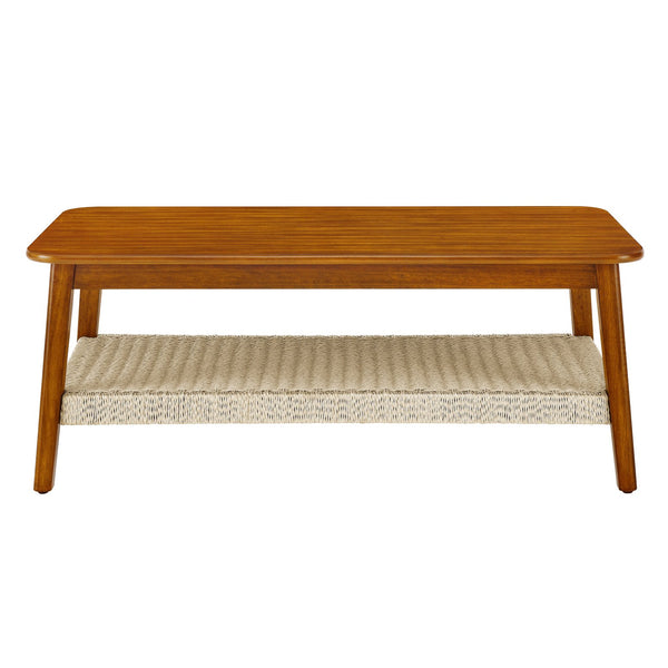 English Elm 47.25" Mid-Century Coffee Table with Woven Rattan Shelf, Wood Grain MDF Top & Solid Rubberwood Legs W1801P195652