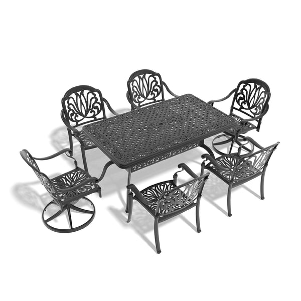 English Elm 7-Piece All-Weather Cast Aluminum Dining Set With Swivel Chairs, Cushions, And Rectangular Table W1710S00368