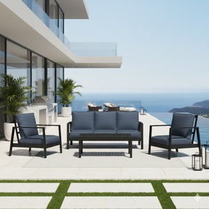 English Elm 4-piece Outdoor Conversation Set with Powder-coated Aluminum Frame and Plush Deep Cushions Black+Blue B082S00101