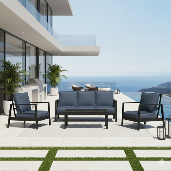 English Elm 4-piece Outdoor Conversation Set with Powder-coated Aluminum Frame and Plush Deep Cushions Black+Blue B082S00101
