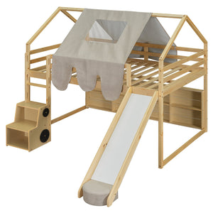 English Elm Full Size Kids House Loft Bed Pinewood Frame with Tent Slide and Play Storage Natural LT000683AAD