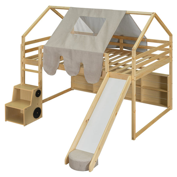 English Elm Full Size Kids House Loft Bed Pinewood Frame with Tent Slide and Play Storage Natural LT000683AAD