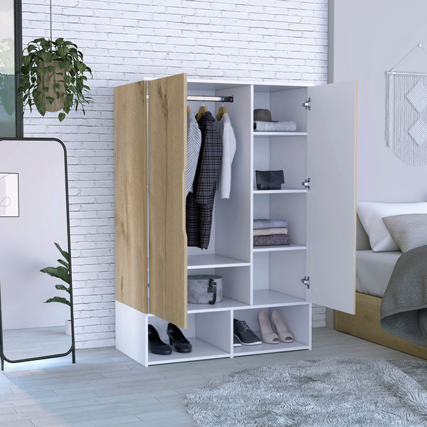 English Elm Armoire, Spacious Engineered Wood Wardrobe with Two Drawers, Hanging Rod and Hidden Storage Appeal Beige 51.97 L x 23.62 W x 5.51 H B097S00173