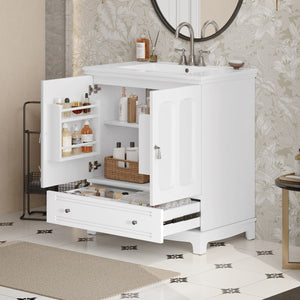 English Elm 30" Modern Bathroom Vanity with Ceramic Sink, Solid Wood Frame, Soft-Close Drawer & Adjustable Shelf White N710P293306K