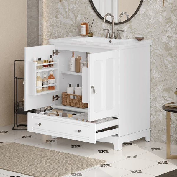 English Elm 30" Modern Bathroom Vanity with Ceramic Sink, Solid Wood Frame, Soft-Close Drawer & Adjustable Shelf White N710P293306K