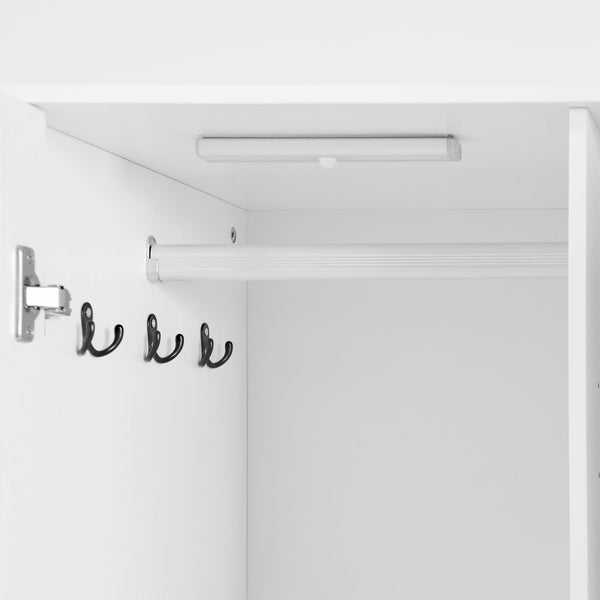 English Elm 2 Door White Wardrobe Closet with Mirror Hanging Rod Drawers and Auto Interior Light W409P167477