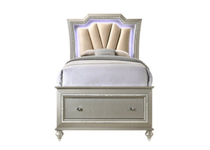 English Elm Kaitlyn Queen Bed with LED & Hidden Storage Drawers, Padded Tufted PU Headboard, Glam Wood Trim Champagne 28 L x 21 W x 18 H B2726S00314