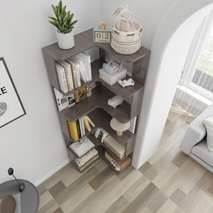 English Elm 6 Tier Freestanding L-Shaped Corner Bookshelf with Anti-Tip, Rounded Corners, 3D Wood Grain Finish Dark Brown W2899P372516
