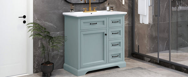 English Elm [video] 36 Inch Freestanding Bathroom Vanity Rubberwood Cabinet with Ceramic Sink Storage Grey N759P313315F