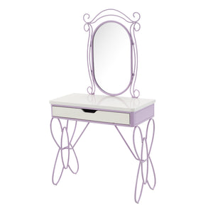 English Elm Priya Elegant Butterfly Vanity Set White & Purple – Oval PU-Wrap Mirror, High-Gloss MDF Table, Padded Stool, Metal Frame Durable Finish B2726P262770