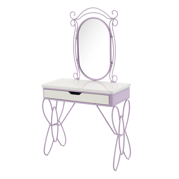 English Elm Priya Elegant Butterfly Vanity Set White & Purple – Oval PU-Wrap Mirror, High-Gloss MDF Table, Padded Stool, Metal Frame Durable Finish B2726P262770