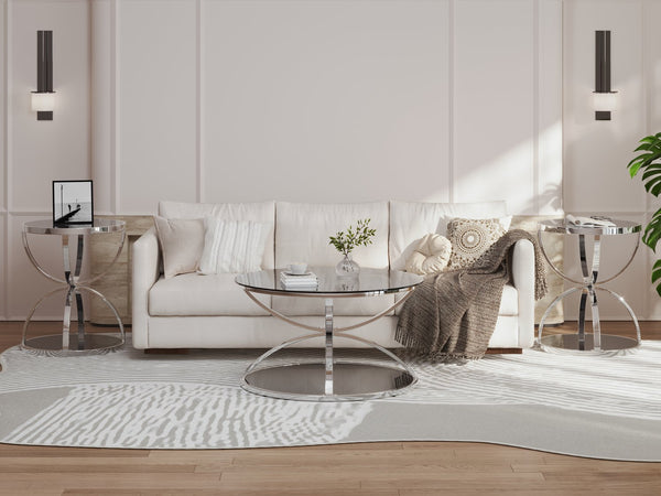 English Elm Modern Chrome Ring Frame Round Glass Coffee Table Set Two Tiers for Living Room W757S00056