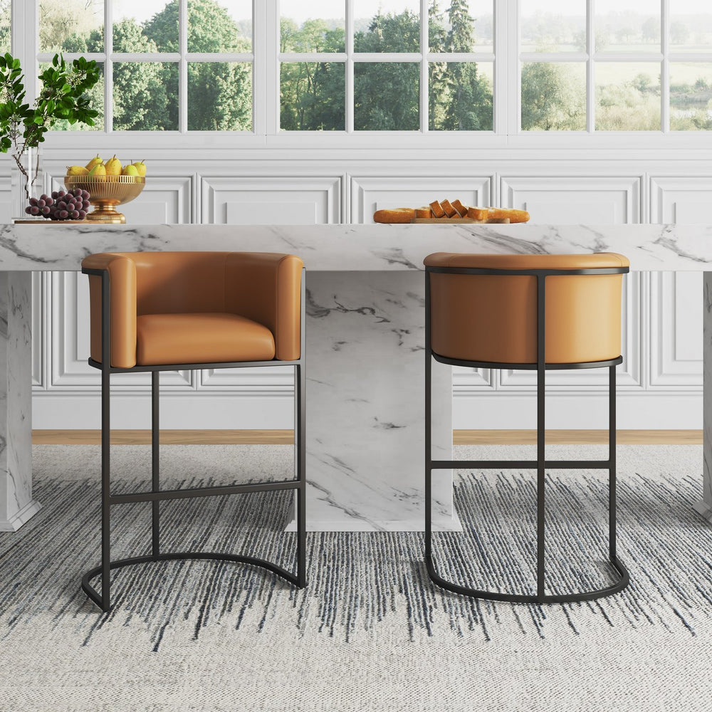 English Elm Cosmopolitan Metal Upholstered Barstool with Geometric Frame, Faux Leather Seat, High-Density Foam Comfort Camel B365P398446