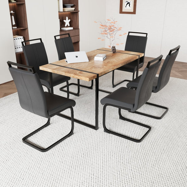 English Elm 59 Inch Industrial Farmhouse Dining Set with Mdf Table and Six Upholstered Chairs Wood W2189S00925