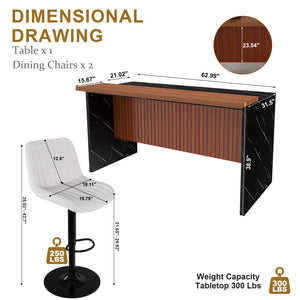 English Elm 63" Contemporary Kitchen Island Set With Beige Bar Stools, Led Lighting & Stylish Black Marble Top W2699S00073