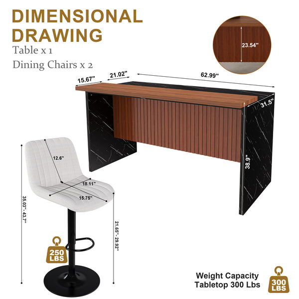 English Elm 63" Contemporary Kitchen Island Set With Beige Bar Stools, Led Lighting & Stylish Black Marble Top W2699S00073