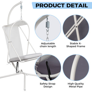 English Elm Hanging Egg Chair with Freestanding Steel Stand Rattan Cocoon Seat for Patio Balcony White+Gray T5880P494888