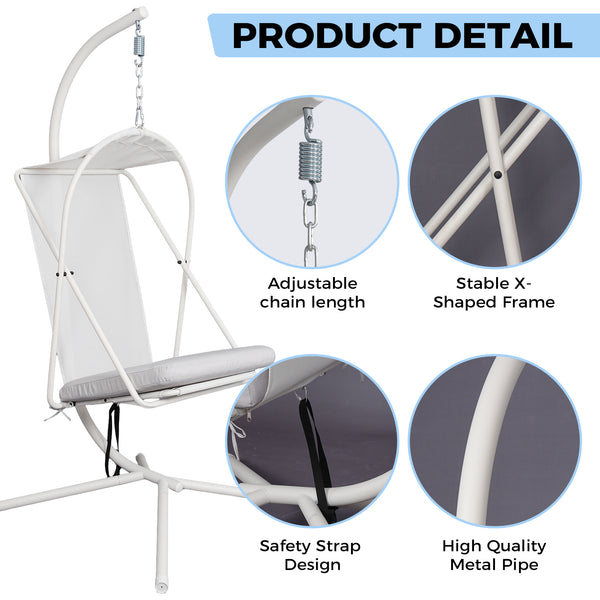 English Elm Hanging Egg Chair with Freestanding Steel Stand Rattan Cocoon Seat for Patio Balcony White+Gray T5880P494888