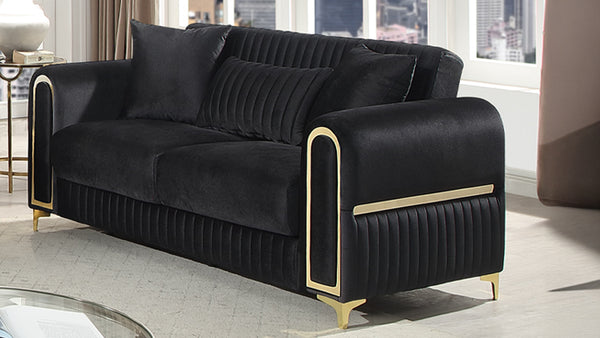 English Elm Ruby 3 Piece Living Room Sofa Set with Gold Steel Legs and Channel Stitch Detail B009S02248