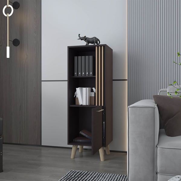 English Elm Ac Chin Storage Cabinet Wengue & Natural Oak — Mid-Century Compact Shelf with Door, Conical Legs, Versatile Elegance B128P263716