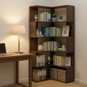 English Elm 6 Tier Corner Bookcase Tall L Shaped Walnut Mdf Open Shelving Unit for Home Office W3204P442028