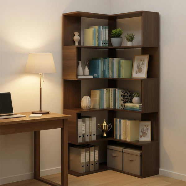 English Elm 6 Tier Corner Bookcase Tall L Shaped Walnut Mdf Open Shelving Unit for Home Office W3204P442028