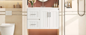 English Elm 36'' Wall Mounted Bathroom Vanity with Ceramic Sink, Solid Wood & MDF Floating Cabinet with Drawers White N710P293299K