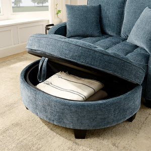 English Elm Two-seater Corduroy Loveseat with Sculptural Asymmetric Design and Hidden Ottoman Storage Blue W487S00464