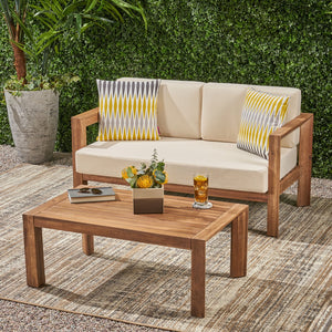 English Elm Christopher Knight Home® - GENSER Plush Beige & Brown Loveseat with Acacia Coffee Table — Water-Resistant Cushions, Durable Outdoor Set 66073.00DLBGE