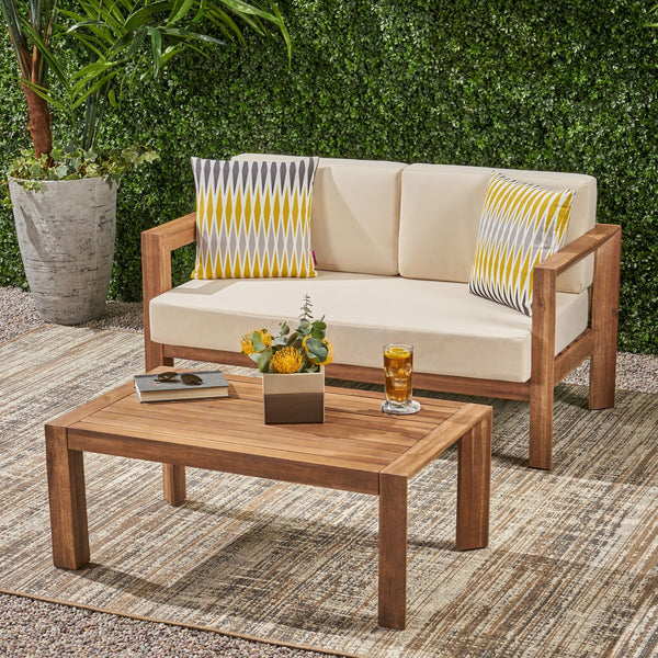 English Elm Christopher Knight Home® - GENSER Plush Beige & Brown Loveseat with Acacia Coffee Table — Water-Resistant Cushions, Durable Outdoor Set 66073.00DLBGE