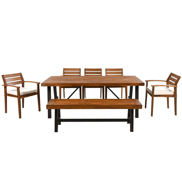 English Elm GO Outdoor 7-Piece Acacia Wood Dining Set for 7-8 — Removable Cushions, Ergonomic Chairs & Bench, Stable FG201230AAA