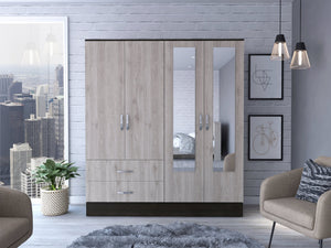 English Elm Gangi Modern 4-Door Armoire with Mirrors, 10 Shelves, 2 Drawers & Hanging Rod for Organized Bedrooms Black+Grey 74.8 L x 23.62 W x 3.94 H B097S00228