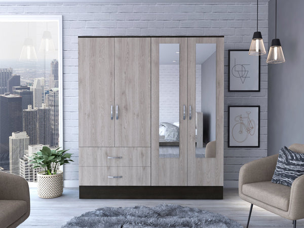 English Elm Gangi Modern 4-Door Armoire with Mirrors, 10 Shelves, 2 Drawers & Hanging Rod for Organized Bedrooms Black+Grey 74.8 L x 23.62 W x 3.94 H B097S00228