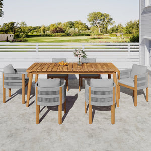 English Elm Christopher Knight Home® - Outdoor Dining Set with Acacia Wood Frame, 6 Chairs & Slatted 72" Table, Waterproof Washable Cushions Grey,Teak N779P266069N_N779P279983G-3