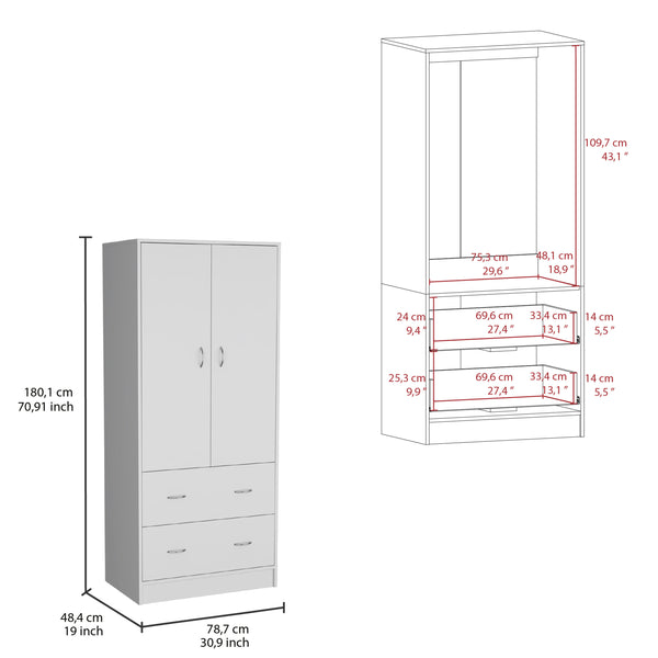 English Elm Taly Spacious 2-Door 2-Drawer Armoire with Laminated Particle Board Construction and Ample Storage Space White 35.4 L x 23.6 W x 5.9 H B070S00237