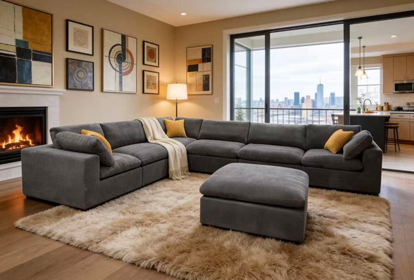 English Elm Coffee Bean Textured Modular Sectional Sofa Low Profile Contemporary Living Room Light Gray B2748S00070