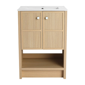 English Elm 24" Freestanding Bathroom Vanity with Ceramic Sink, Oak Finish, 2 Soft-Closing Doors, Open Shelf Storage W1972S00023