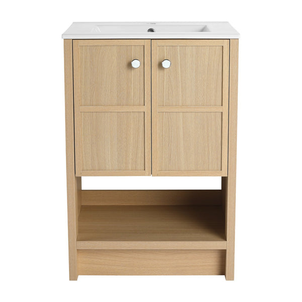 English Elm 24" Freestanding Bathroom Vanity with Ceramic Sink, Oak Finish, 2 Soft-Closing Doors, Open Shelf Storage W1972S00023