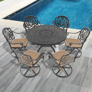English Elm 7-Piece All-Weather Cast Aluminum Dining Set With 6 Swivel Chairs & Round Table For Outdoor Comfort W1710S00449