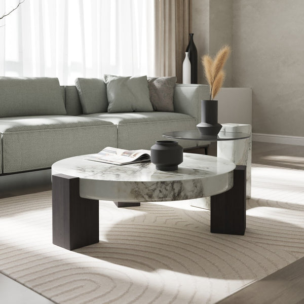 English Elm Bianco Marble-Pattern Coffee Table with Side Table Set — Modern White Top, Black Wood Legs, Durable Elegance B341S00040
