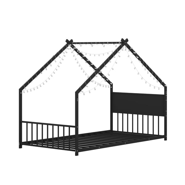 English Elm Twin House Bed Frame with Led Lights Iron Slats Low Profile Kids Bedroom W1820P234194