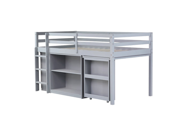 English Elm Twin Loft Bed With Storage Cabinets, Pull-Out Desk & Safety Guardrail - Sturdy Grey Rubberwood Design W504S00201-GIGA