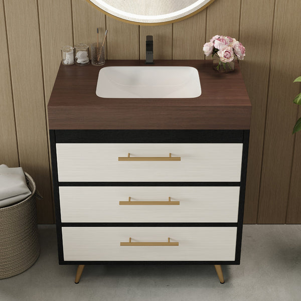 English Elm Modern Freestanding Bathroom Vanity with Vessel Sink Sintered Stone Gold Legs W3136S00047