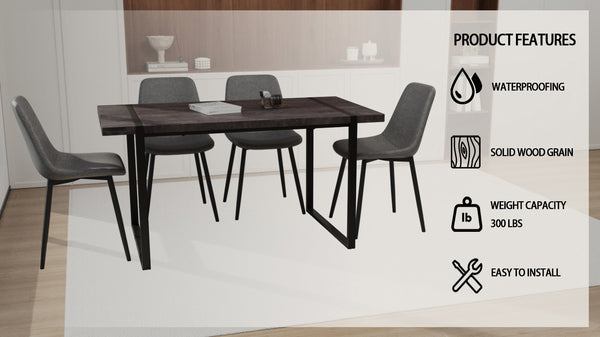 English Elm 59" Industrial Dining Set with Suede Chairs Matte Metal Base Mdf Table Seats Four Black+ Gray W2189S00817