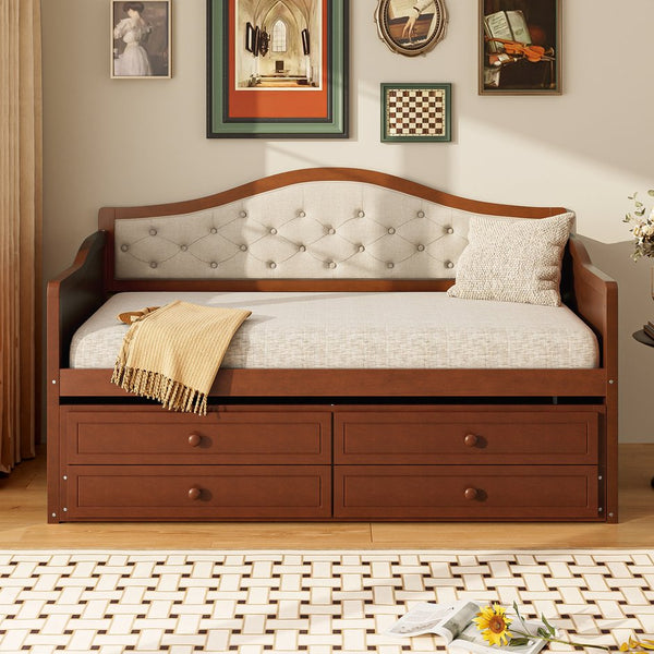 English Elm Twin Daybed with Trundle and 2 Storage Drawers, Upholstered Button-Tufted Sofa Bed for Guest Room Comfort and Organization Walnut 45.25 L x 19 W x 8 H N733S346767D