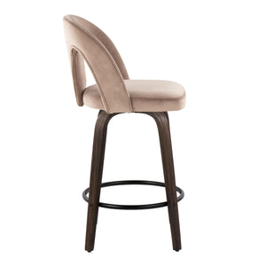 English Elm Fixed-height Swivel Counterstools Velvet Seat Walnut Bentwood Legs Set of Two B202S01794