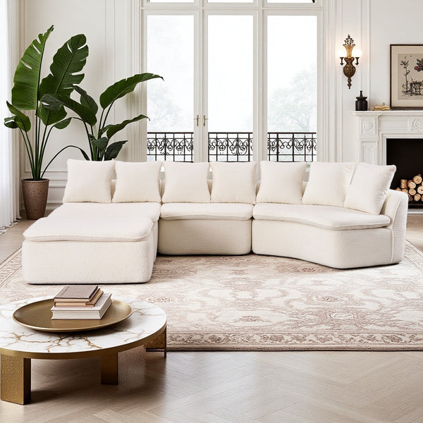 English Elm 133'' Modular U-shaped Sectional Chenille Sofa with Removable Recliner for Spacious Rooms Milk White W2231S00050