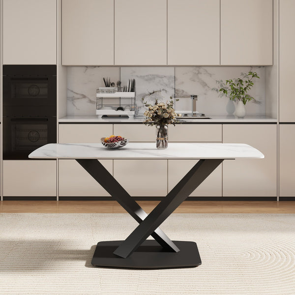 English Elm 63"Modern Elegant White Sintered Stone Dining Table With Black Metal Legs - Seats 6 Comfortably W1535S00534