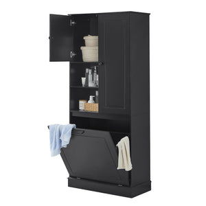 English Elm Tall Storage Cabinet with Flip-Out Basket, Adjustable Shelves & Aluminum Handles for Organized Living Black N725P322739B